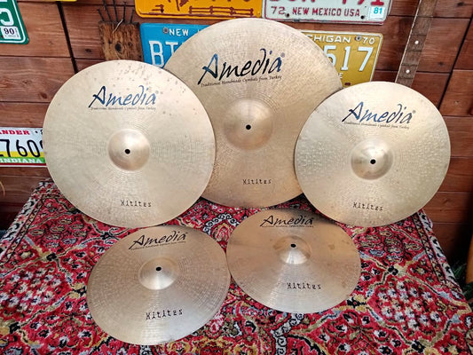 AMEDIA Hitites cymbal set; 14” Hi hat, 21” Ride, 16” and 18” Crash.
