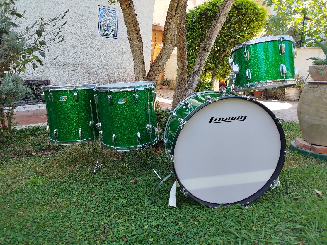 LUDWIG 24”-14”-16”-18”, Green Glitter, 1975/76.